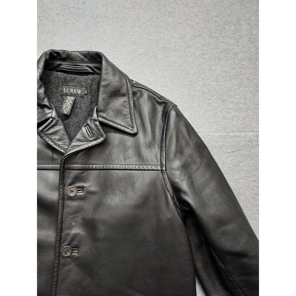 J Crew Men Jacket M Black 100% Leather Button Front Pockets Collared Outdoor